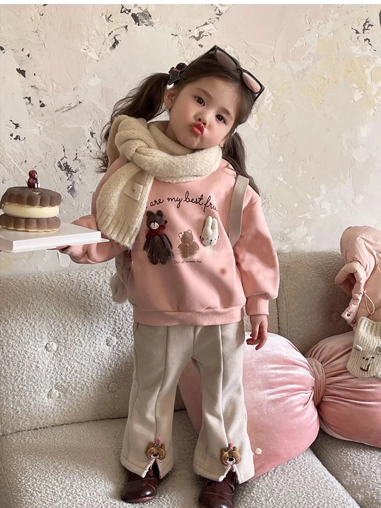 

Girls' Sweater Winter Clothes2024New Western Style Children's Clothes Baby Long Sleeve Fleece Lined Warm Top Winter