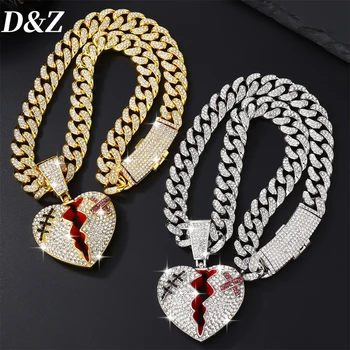 Hip Pop New Fashion Broken Heart Necklace with Iced Out Cuban Chain Gold Silver Color Bling CZ Stones Paved Necklaces for Men Women