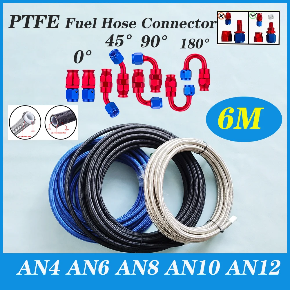 6M  AN4 -AN12 E85 Stainless Nylon Steel PTFE Fuel Hose Oil Gas Cooler Line Pipe Tube 0° 45°  90°180° Swivel Hose End Fittings ﻿