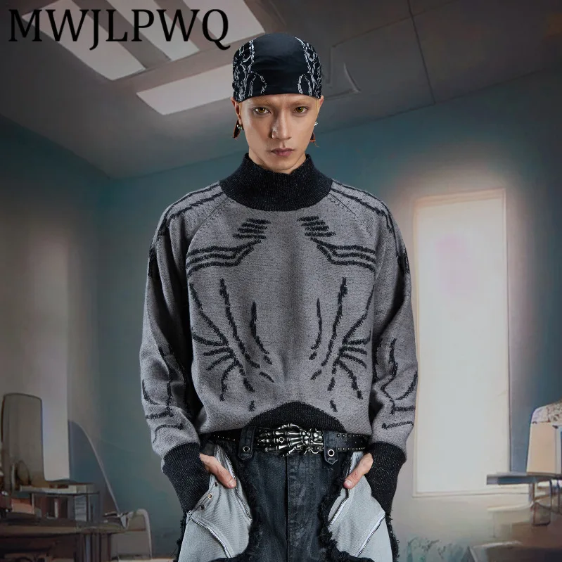 

MWJLPWQ Mid-Neck High Elastic Wrinkle-Resistant Sweater Men's Printed Design High Street Long Sleeve Pullover Knitwear 11906