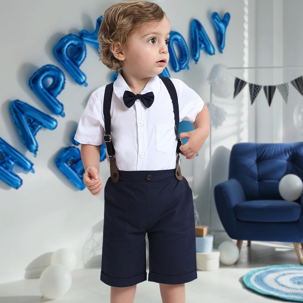 Baby Boy Wedding Outfit Newborn Baptism Suit Infant Formal Dress Clothing Set Toddler Christening Short Sleeve Summer Cltothes