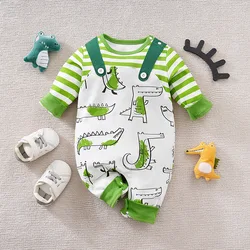 Spring And Autumn Boys And Girls Cute Cartoon Strap Crocodile Printed Cotton Comfortable Long Sleeve Baby Bodysuit