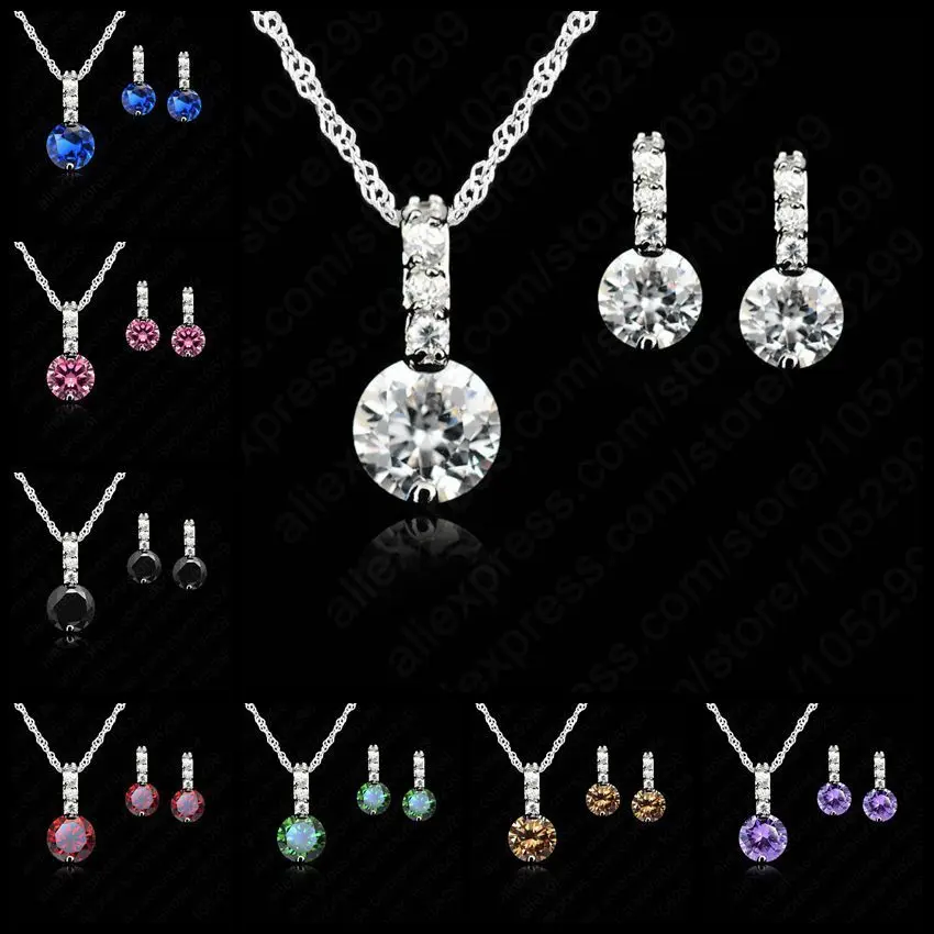 Women Beauty Round Jewelry Set 925 Sterling Silver Color Cubic Zircon Pendant Necklace/Earring Women Wedding Gift Hoop Earrings