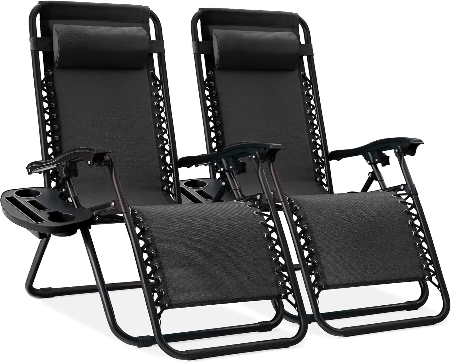 

New Products Set of 2 Adjustable Steel Mesh Zero Gravity Lounge Chair Recliners w/Pillows and Cup Holder Trays, Black