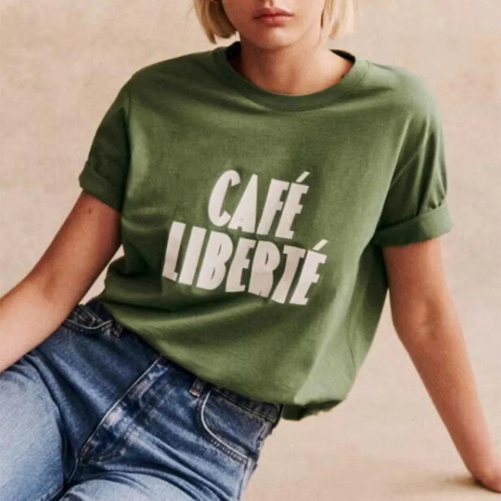 Cafe Liberte Letters Printing Retro Loose Cotton Army Green T Shirts Female Summer Short Sleeve Fashion Tops Casual Elegant Tees