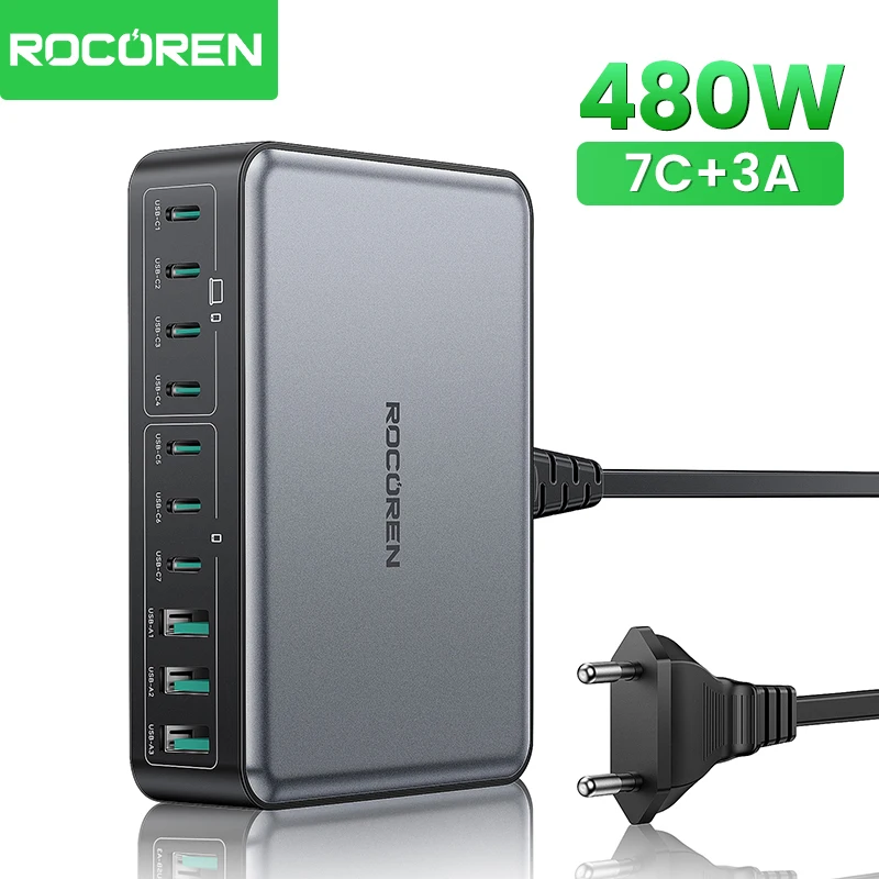 Rocoren 480W USB C Charger 10 Ports Type C Charging Station Multiple Devices Gan Fast Charger Station Desktop For MacBook iPhone