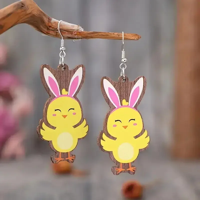 Fashion personality chick egg rabbit pattern wooden earrings Easter gifts for family and friends accessories