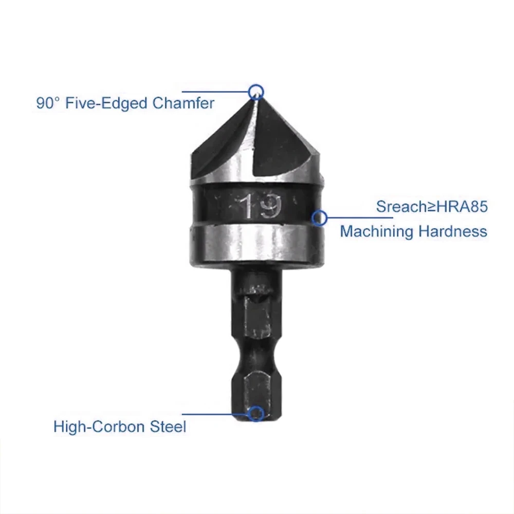 3PC 90 Degree Hexagonal Shank Chamferer, Black Five Blade Countersink Drill 12/16/19mm Woodworking Hole Opener Tool Set LK-AA141