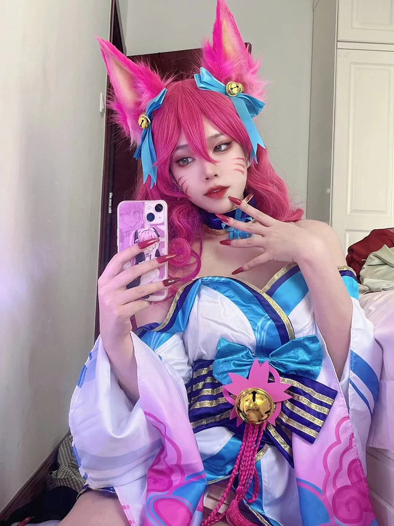 Ahri Cosplay Costume Anime Game LOL Spirit Blossom League of Legends Dress For Women Girl Wig Halloween Party Sexy Kimono Suit