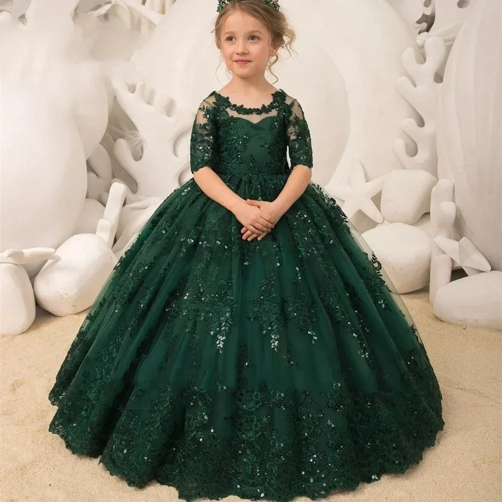 Robe élégante en dentelle pour filles, tulle, demi-manche, nœud pailmétrage, princesse, mariage, cadeau d'anniversaire pour enfants, première communion