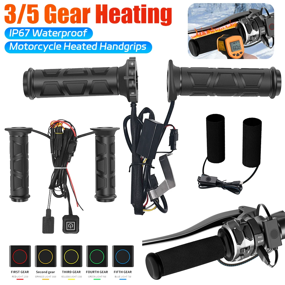 

Motorcycle Hand Heated Grips Adjustable Universal 3/5 Gears Heated Motorbike Electric Molded Grips Scooter Moped Bar Hand Warmer