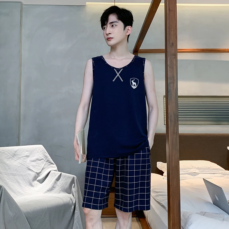 

Summer Fashion Pajama Set Men Shorts Plaid Bottom Sleeveless Vest Two Pieces Men Nightwear Sporty Embroidery Badge Cool Pajamas