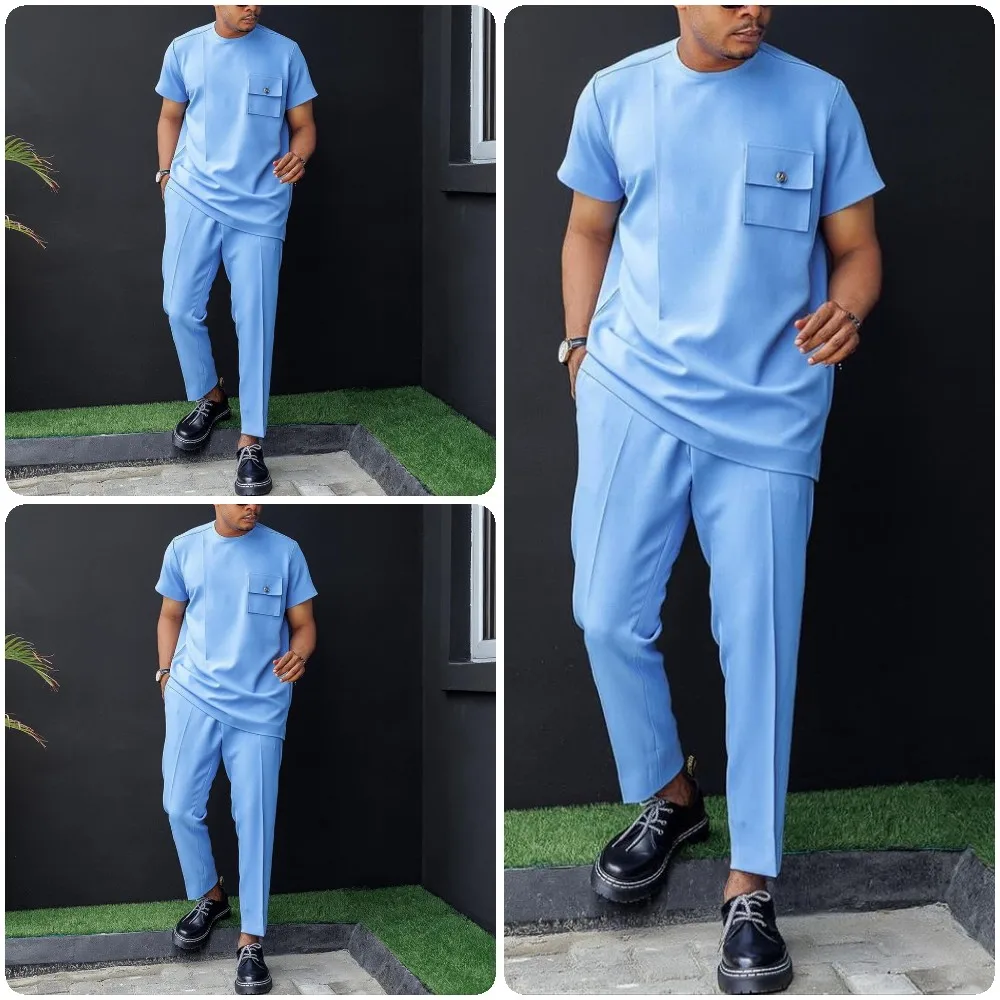 Brand New African Sets Short Sleeve Round Neck Solid Color Simple Shirt And Casual Pants Two-piece Men's Suit 2022 Summer（M-4XL）