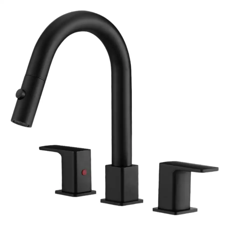 Black pull-out faucet with dual hot and cold handles, stainless steel basin tap with swivel spout and splash guard