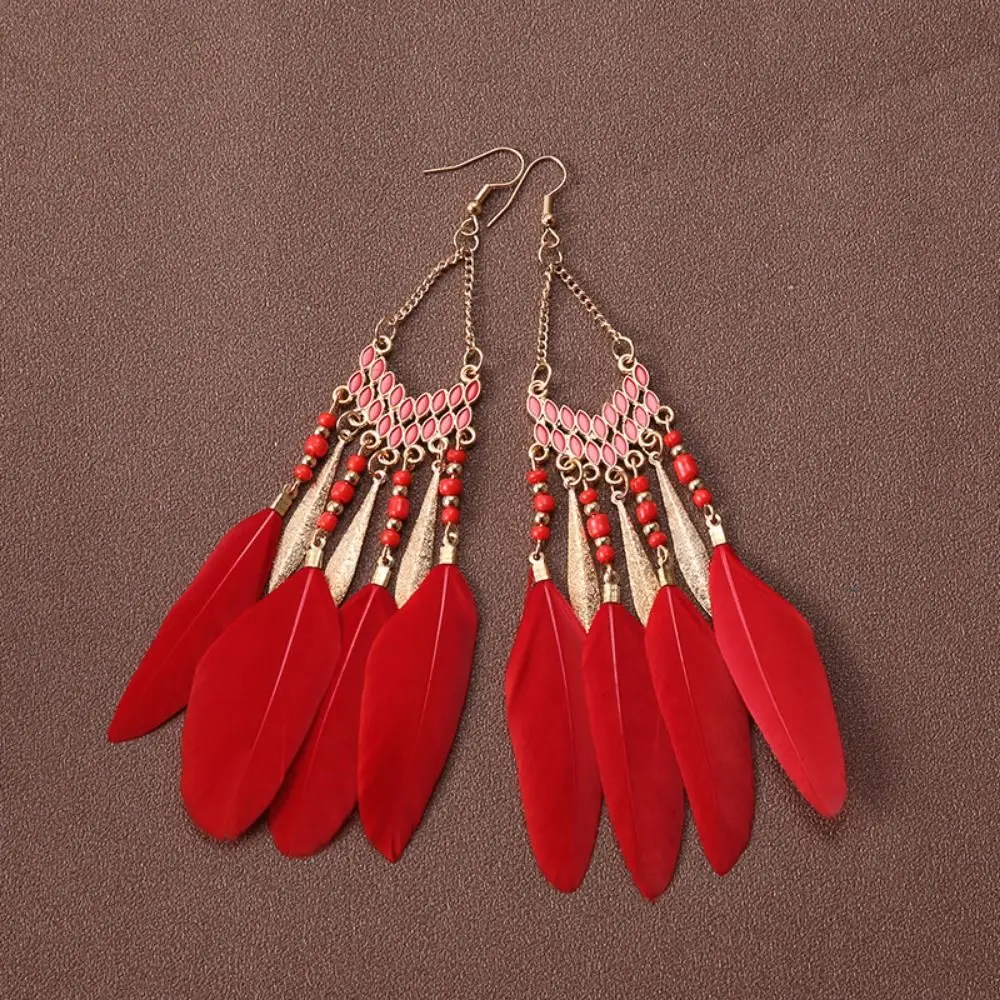 Bohemia Style Bohemian Feather Dangle Earrings Zinc Alloy Bright Colors Feather Tassel Earrings Drop-shaped Long Tassel