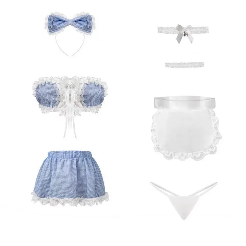 

Ladies' Erotic Lingerie Midnight Passion Sexy Hollow Out No Take Off Blue Checkered Maid Uniform Temptation Set