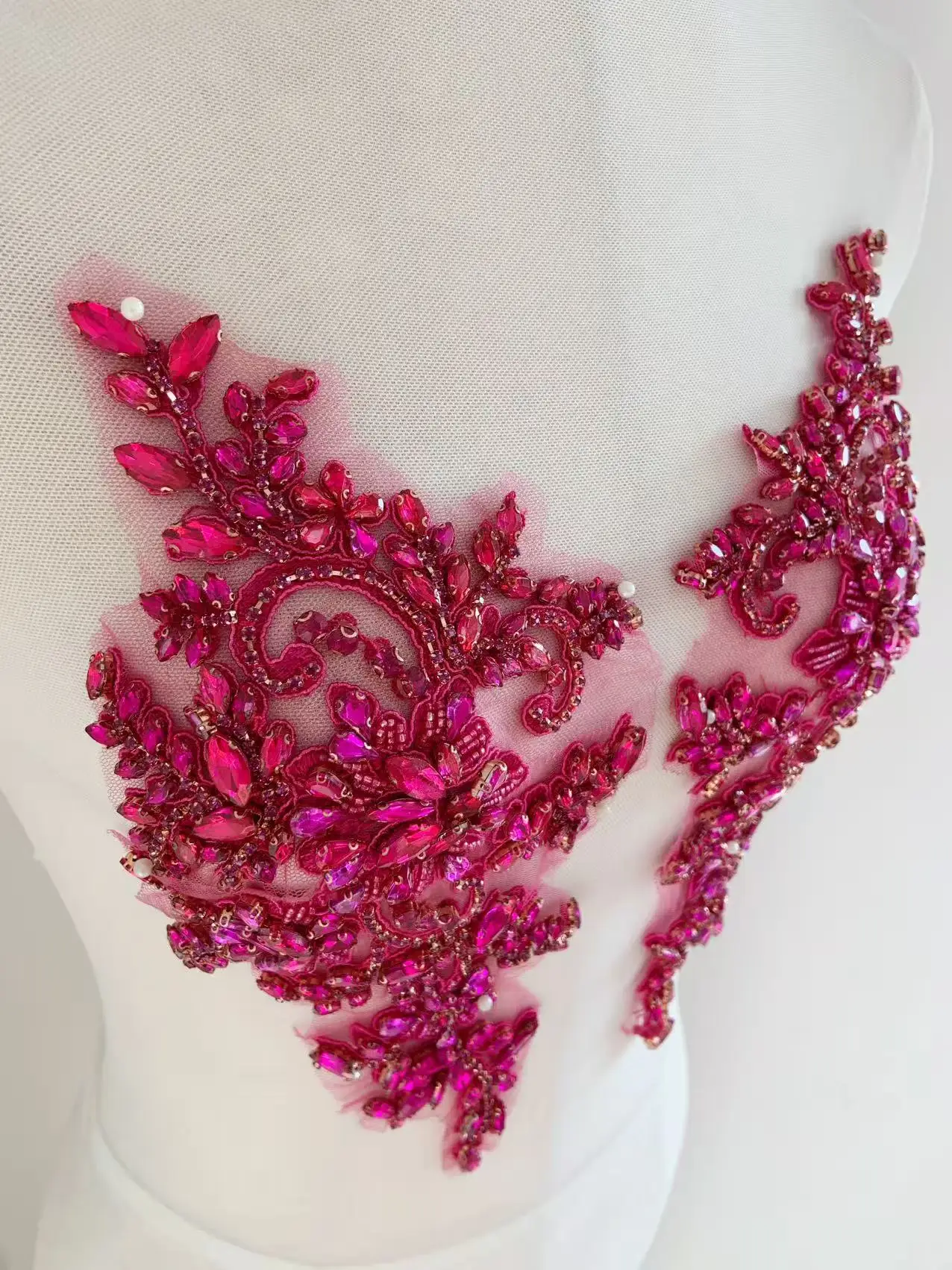 

1 Pair Hot Pink Sparking Rhinestone Beads Flower Applique Crystal Patch for Garment Supplies,DIY Clothing, Dance Costume