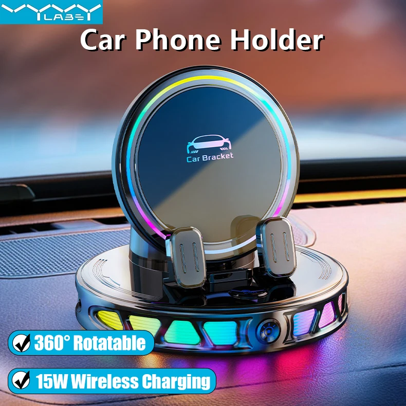 Car Phone Mount with15W Wireless Charging 360° Rotation Vacuum Suction Cup Dashboard Phone Holder Electric Open Close for iPhone