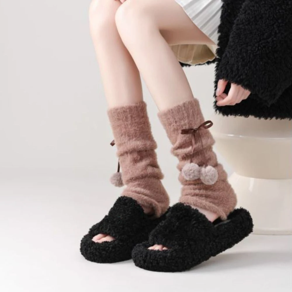 

Y2k гетры из меха норки, утепленные плюшевые шарики, балетные плюшевые чулки, чехол для ног, носки с ворсом, гетры с бантом в стиле Лолиты