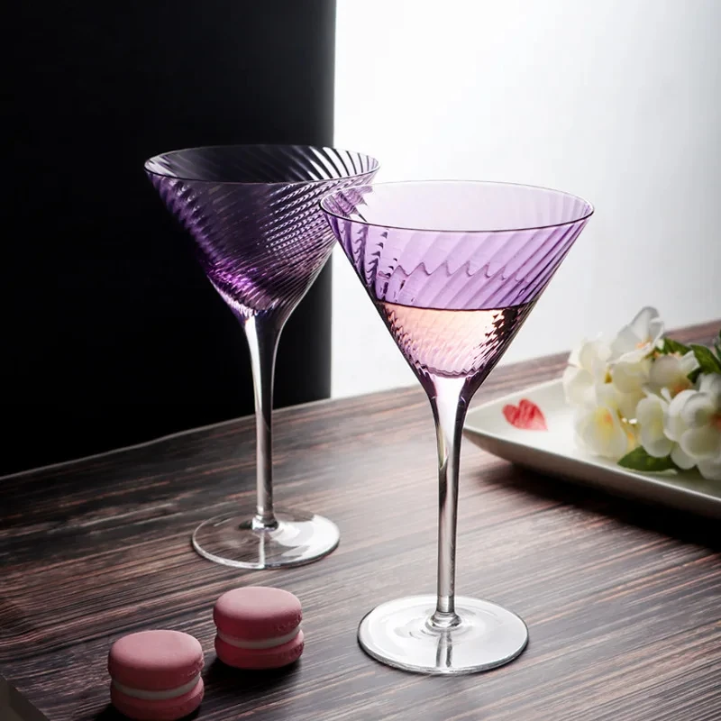 Purple Vertical Grain Crystal Goblet Cup Light Luxury Cocktail Glass Handmade Champagne Wine Glasses Retro Ice Cream Dessert Cup