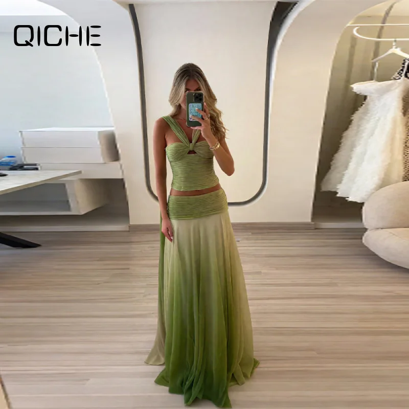 QICHE 2026 Summer Two‑Piece Outfit Elegant Halter Cami Top Gradient Loose Skirt Fashion Lady Dance Outfit