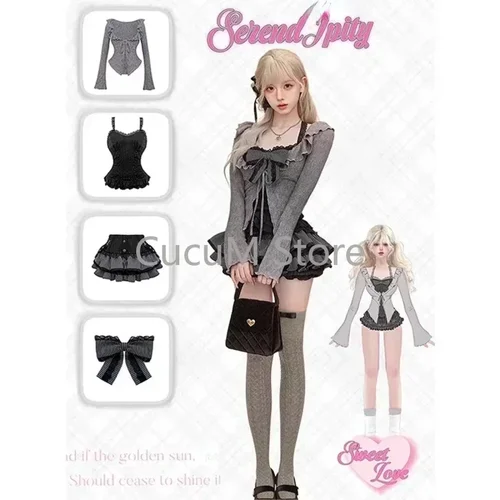 Imagen 2 del producto Sweet Lolita-cárdigan con volantes y cordones, chaleco Sexy ajustado sin tirantes, Tops + faldas fruncidas de cintura alta, conjuntos de tres piezas para principios de otoño