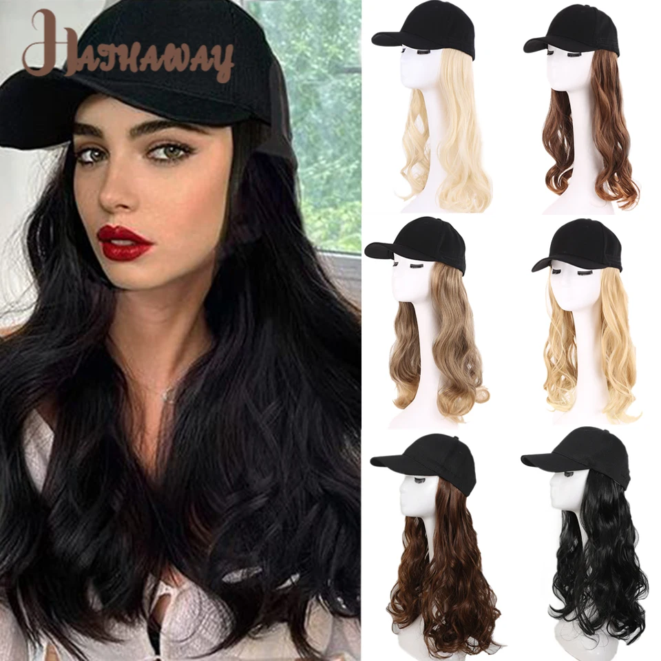 Synthetic  Long Wavy Curly Wig Baseball Cap Hair Extensions Hat Wigs Black Adjustable Hairpiece for Women