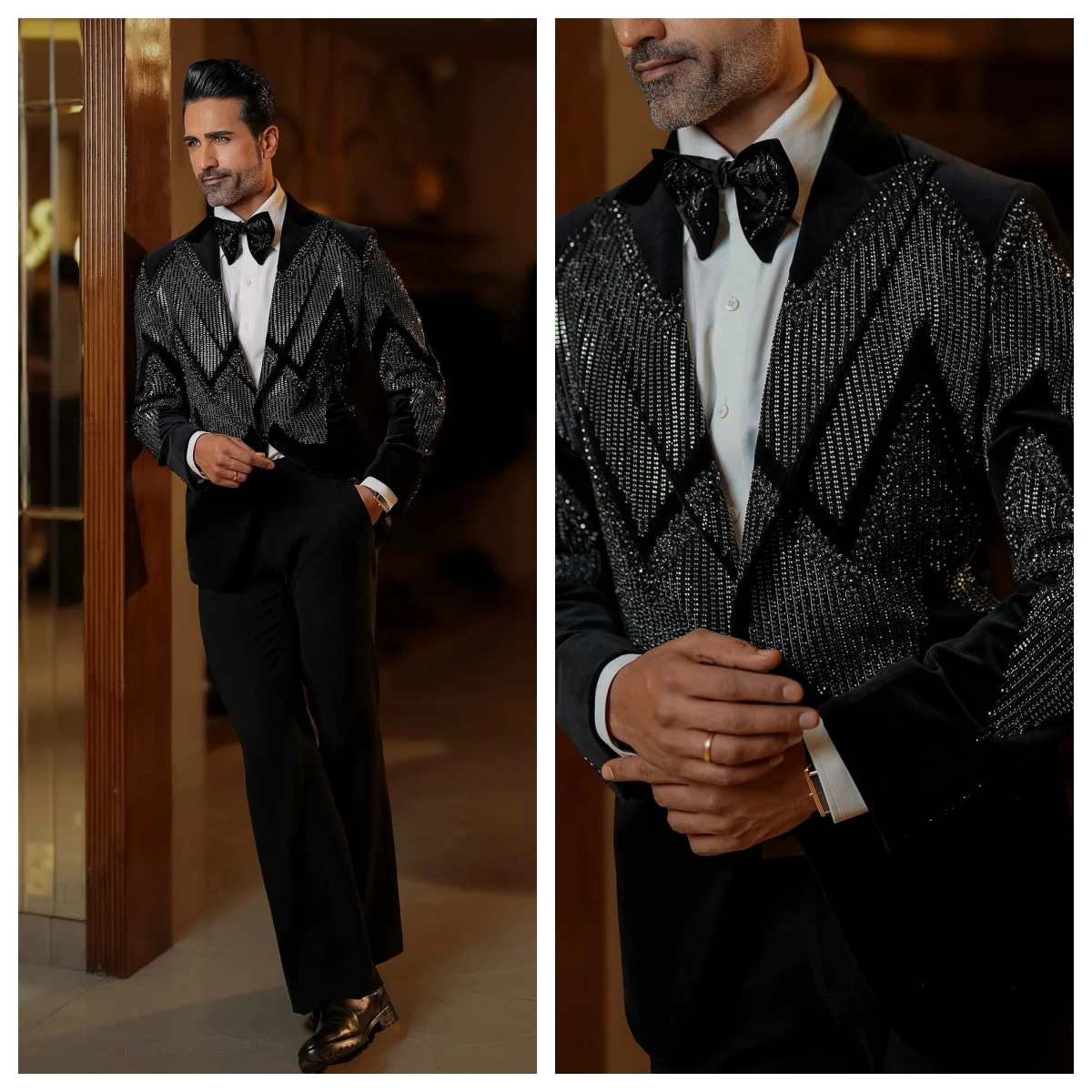 

Modern Design Shiny Beads Peaked Lapel 2 Pieces Blazer Pants Men Suits One Button Formal Prom Wedding Groom Plus Size Tailored