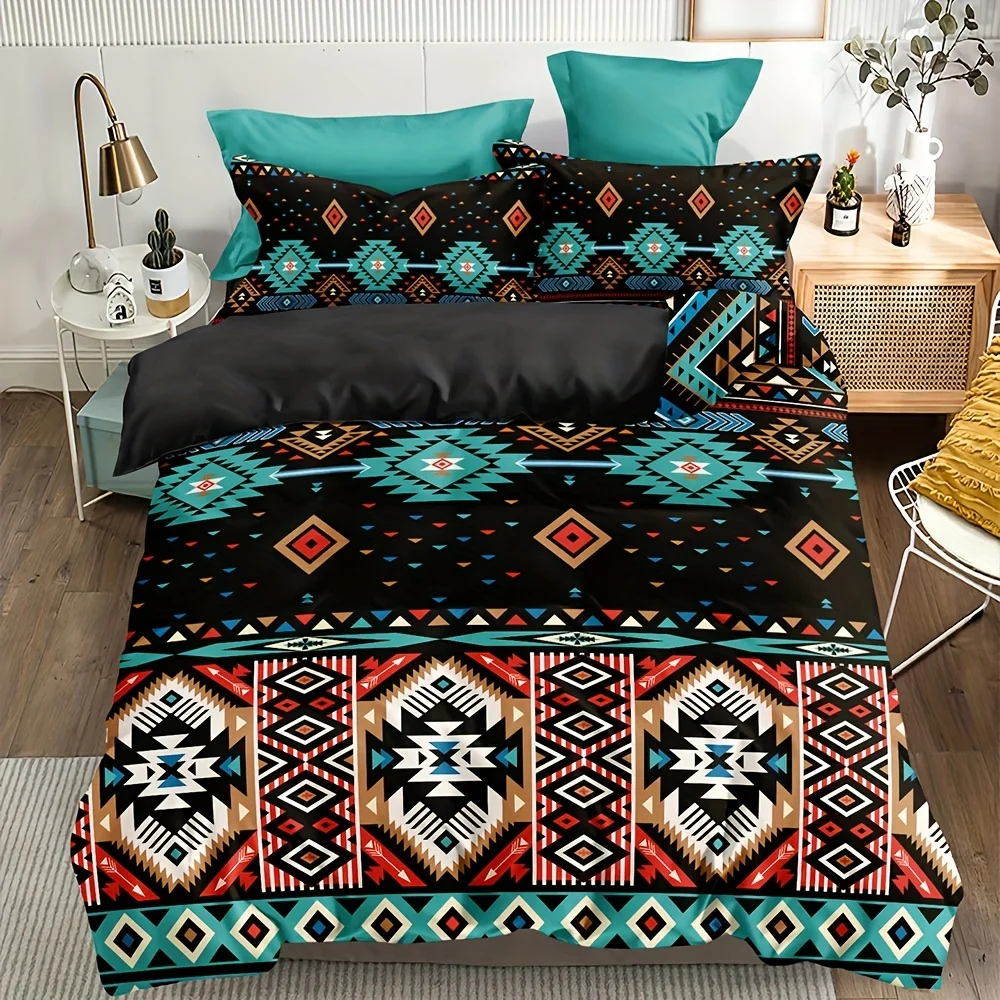 

3pc Bohemian Ethnic Style Duvet Cover Set, Ultra Soft Microfiber Duvet Cover No Filler, Black Background Pattern, Bedroom Decor