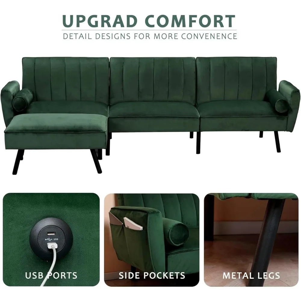 Velvet secional conversível sofá com chaise, L forma secional sofá, USB, 106,5"