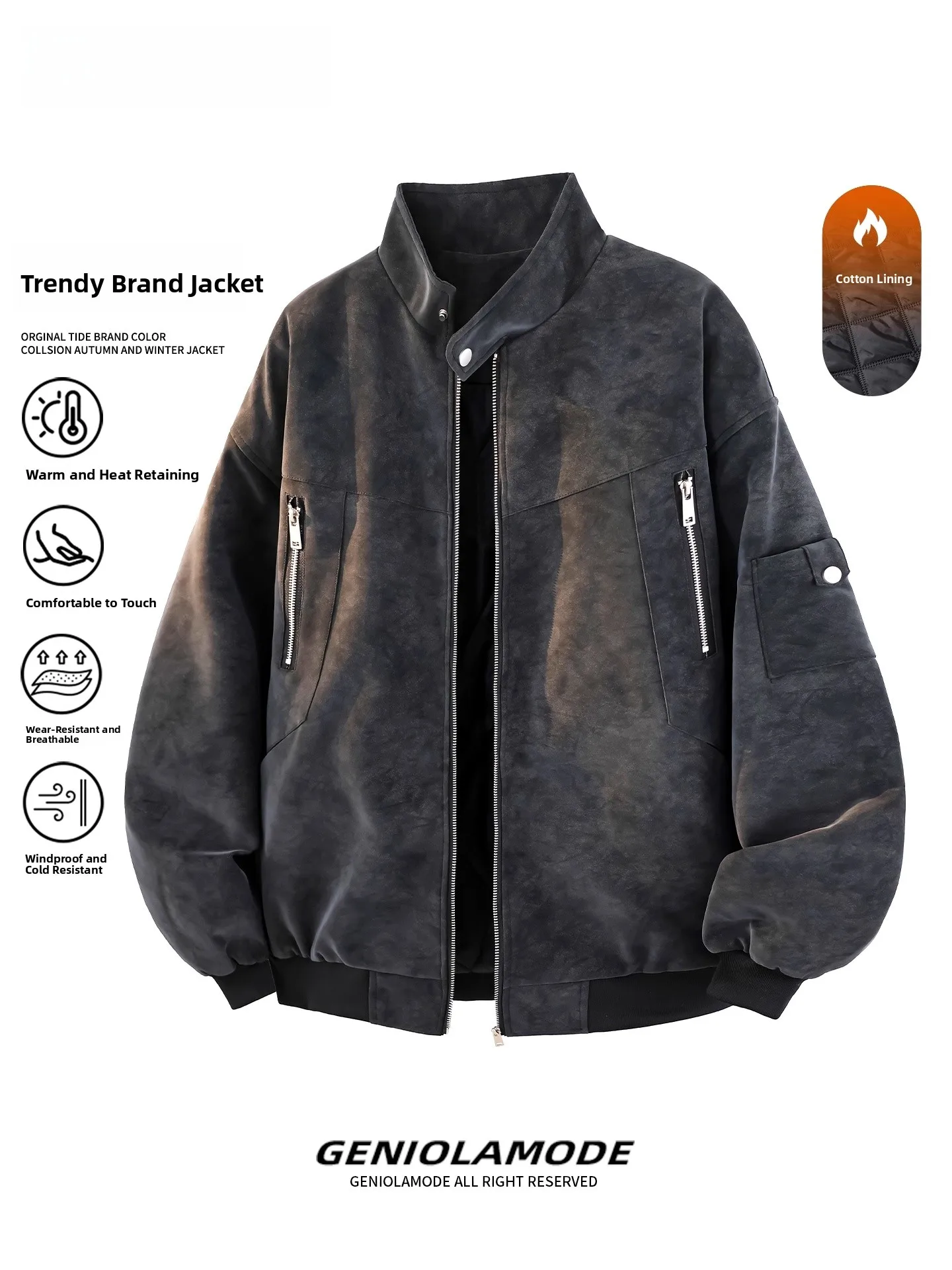 

Genio Lamode American High Street Motorcycle Cotton Jaet Men's Sli Retro Trendy Coat Outerwear Long Sve Zipper Closure