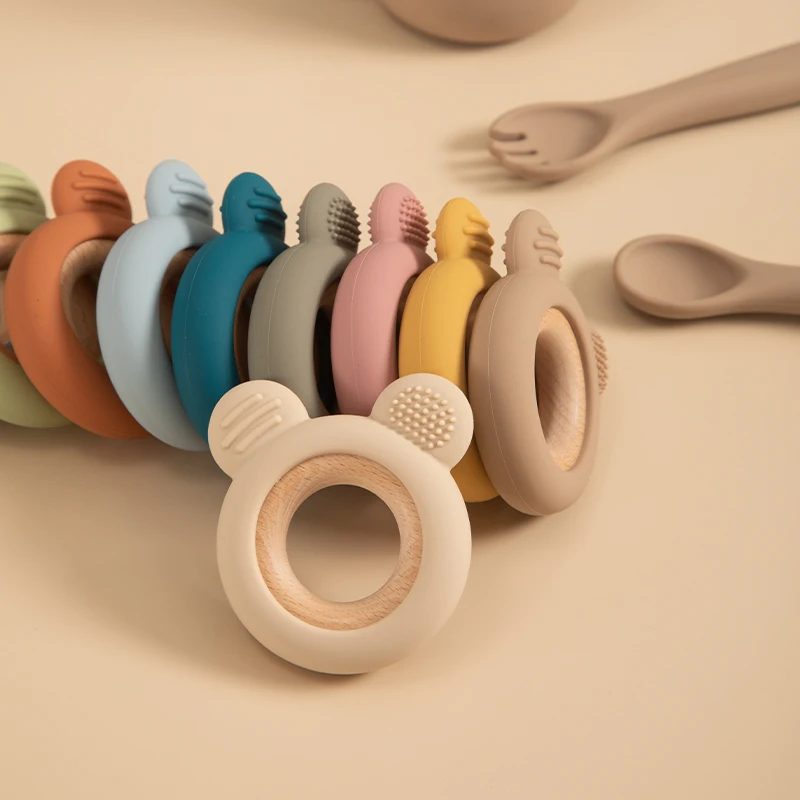 1PC Baby Silikon Holz Beißring Ring Nette Bär Infant Pflege Zahnen Spielzeug Neugeborenen Gesundheit Pflege Kauen Spielzeug Baby Zubehör – Detail 4