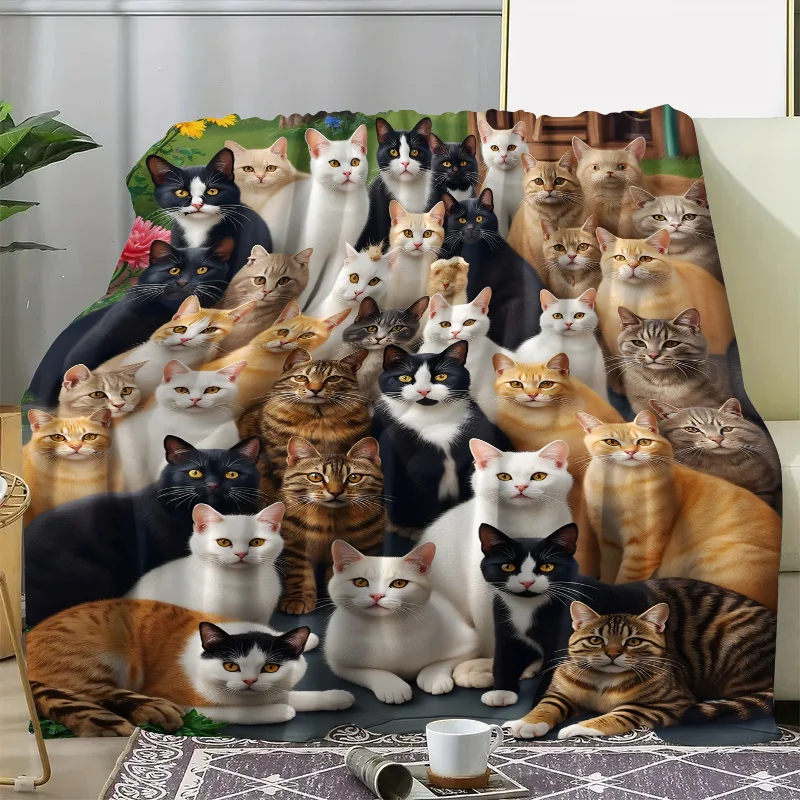 Realistic Multi‑Color Domestic Cats Group Pattern Flannel Blanket Cozy Plush Bedspread Portable Travel Blanket for Bedroom