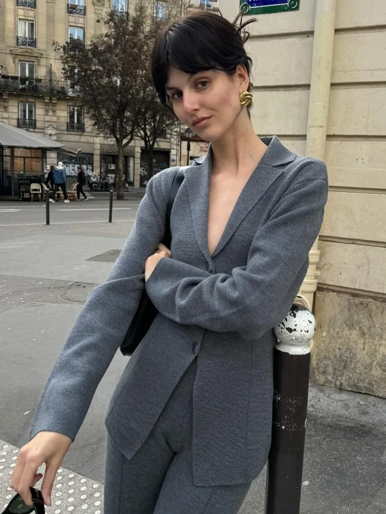 

Elegant Women Solid Single Breasted Knitted Blazer Jacket Fashion Lapel Long Sleeve Slim Coat Autumn Lady Commuting Outerwear
