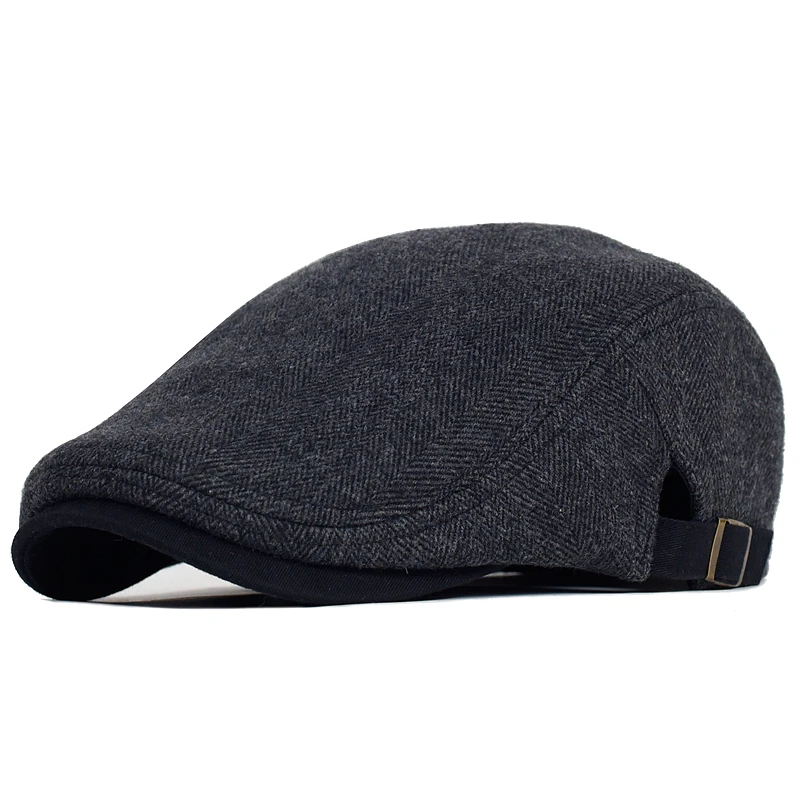 Big Size Winter Newsboy Cap Men Wool Thick Warm Vintage Herringbone Casual Stripe Berets Gatsby Flat Hat Peaked Cap Adjustable