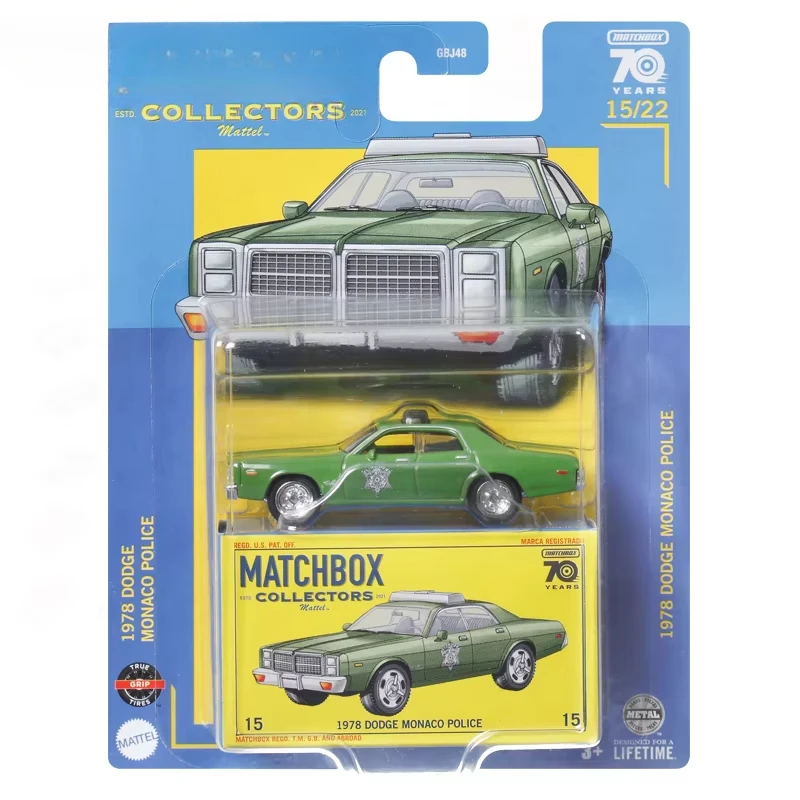 Mattel Matchbox-coches originales para coleccionistas, modelo de vehículo de policía Dodge Monaco, juguetes para colección de niños, regalo divertido, 1/64