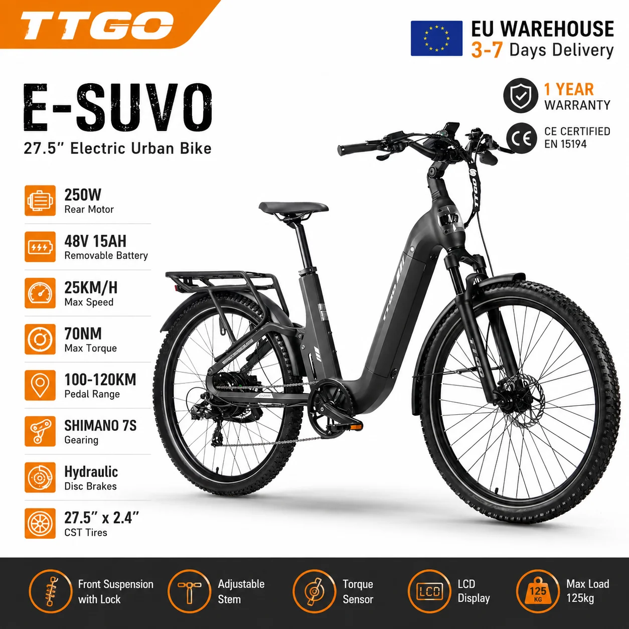 27,5-Zoll-Elektrofahrrad für Erwachsene, 48V 15Ah Batterie, 250W Motor, 70Nm Drehmomentsensor, 7-Gang-Hydraulische Scheibenbremsen, stoßdämpfendes City-E-Bike