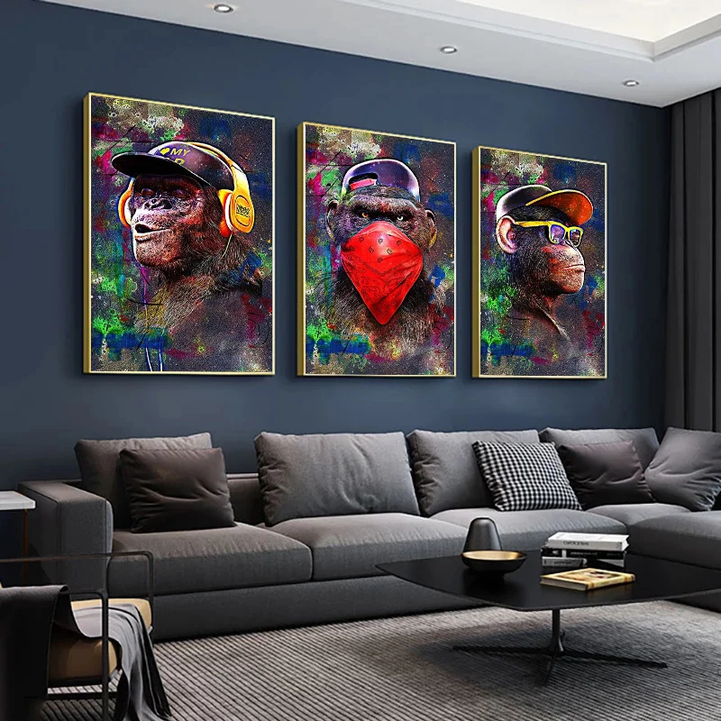 Pop Graffiti Art Listening To Music Hip-hop Monkey Canvas Painting Poster and Print Wall Art Picture for Living Room Home Decor