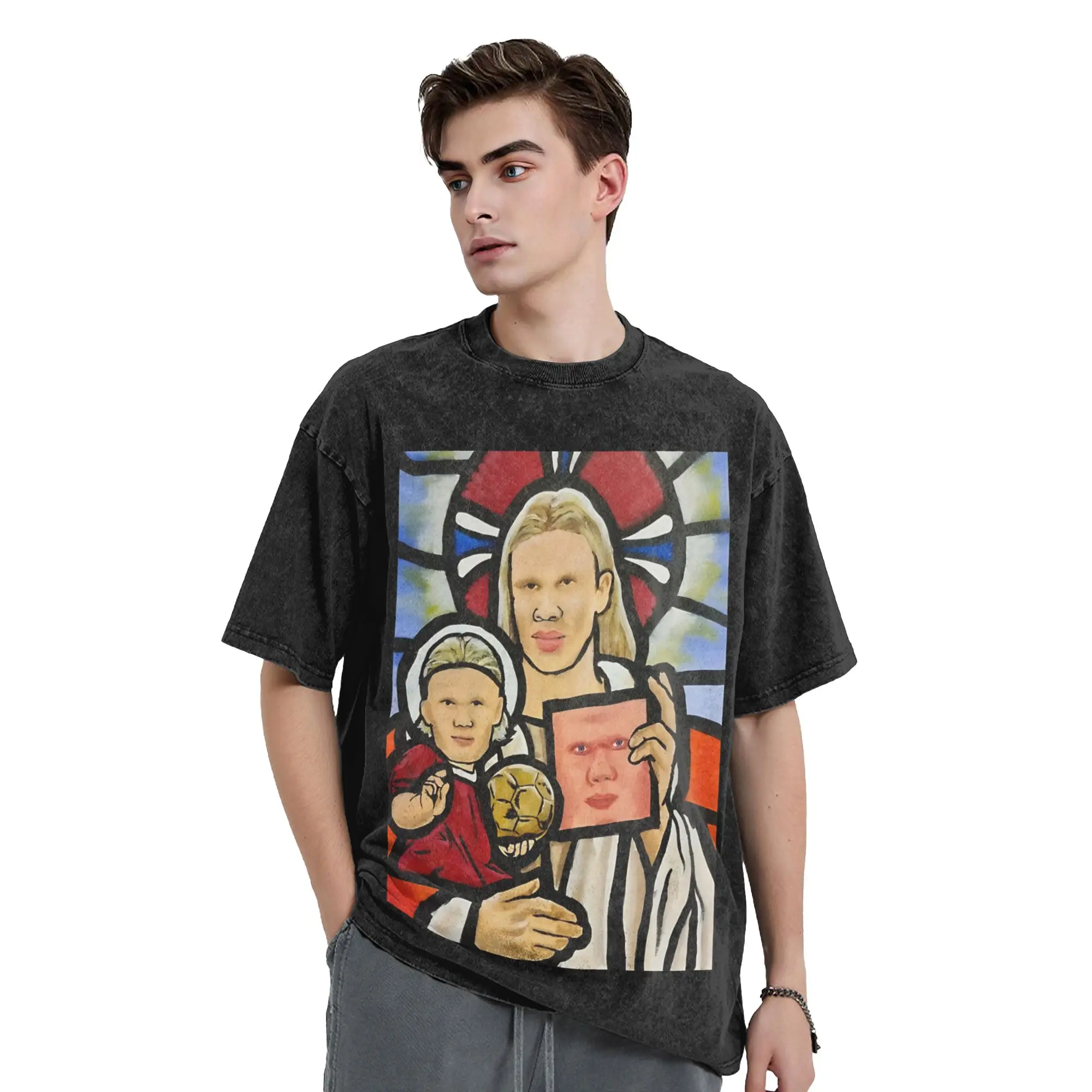Stained Glass Window H-Haalands Mona Lisa Vintage Washed T Shirt  Pure Cotton Tops Funny Short Sleeve Round Neck Tee Shirt