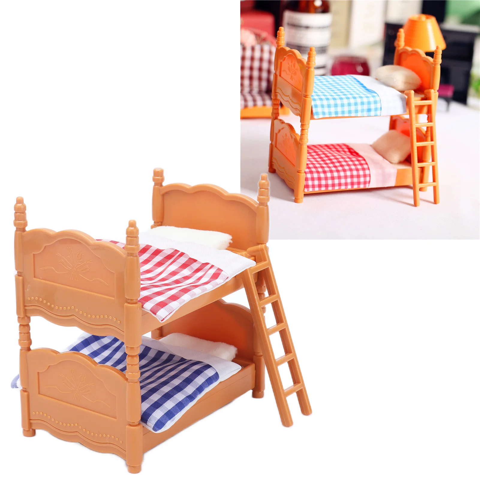 Doll Bunk Bed with Ladder Doll Bunk Bed with Ladder Plastic Miniature Dollhouse Double Bed for Children Gifts Dollhouse Bunk Bed