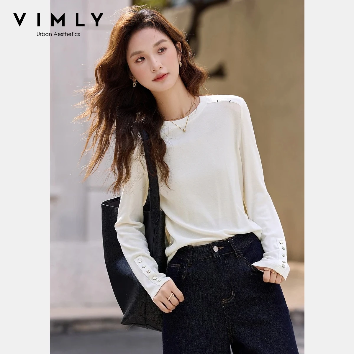 

VIMLY White Basic Women's Long Sleeve Top Minimalist Shell Button Design 2026 Spring New Daily Causal Crew Neck T-shirt A3912