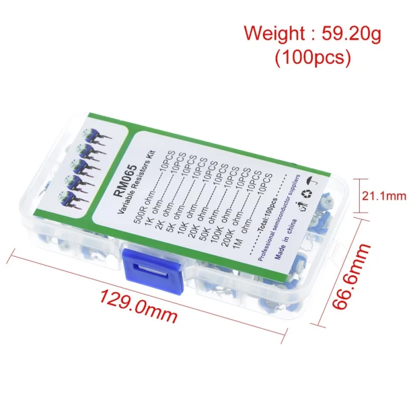 100 PCS RM065 Blue-White Adjustable Resistor Boxed Kit - 1K, 10K, 100K, 10 different specifications, 10 units of each specificat