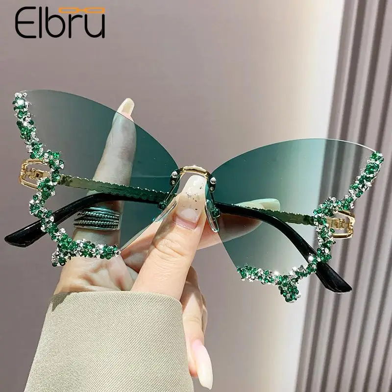 

Elbru Luxury Butterfly Glitter Diamond Sunglasses Women Men Color Frameleaa Sun Eyeglasses Ladies Outdoor UV400 Shades Eyewear