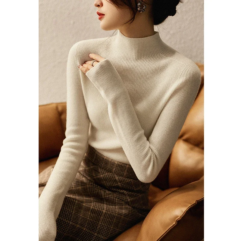 เทคโนโลยีอิตาลีผ้าขนสัตว์อินทรีย์แคชเมียร์ไม่มีรอยต่อกึ่งสูงคอถักฤดูใบไม้ร่วงและฤดูหนาวเสื้อด้านล่างหลากสี