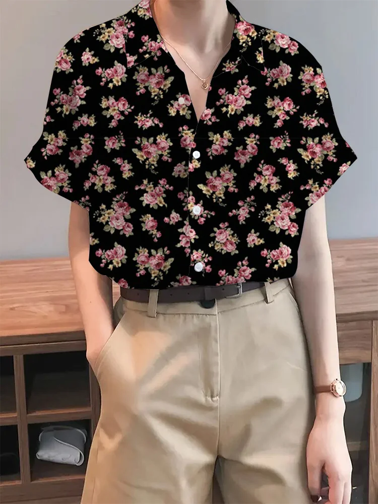 Summer Sweet Women\'s Shirts Floral Pattern Printed Tops Fashion Women\'s 2024 Short Sleeve Button Front Blouse and Shirt Pullover