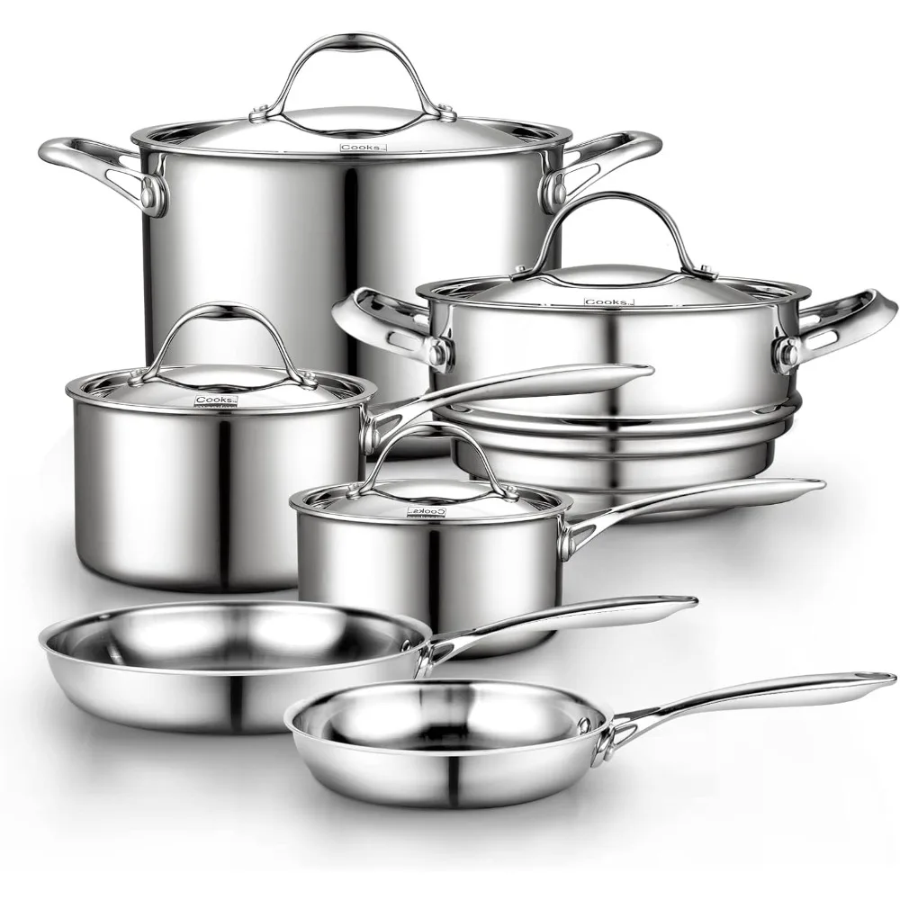 Stainless Steel Kitchen Cookware Sets 10-Piece, Multi-Ply Full Clad Pots and Pans Cooking Set with Stay-Cool Hand