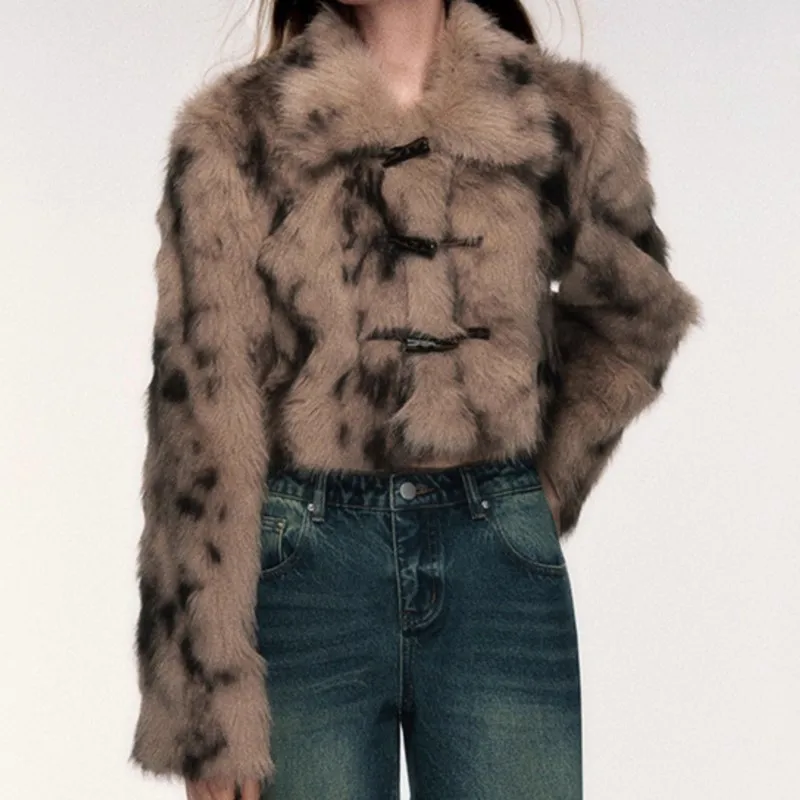 Winter dik bont pluizig chic luipaard jassen tops bovenkleding 2025, nieuwe hoorn schakelknop namaakbont turn-down revers jassen
