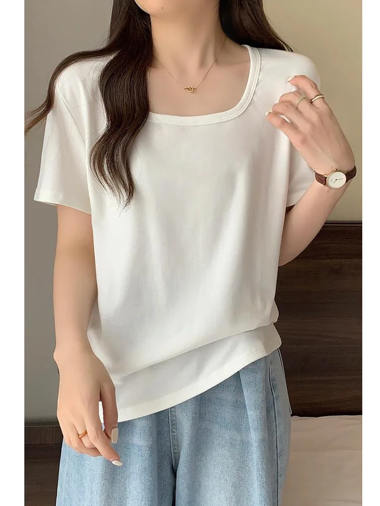 

L-4XL Large Size Cotton T-shirt Women 2023 Summer Fashion Square Neck Oversize Tops Short Sleeve Simple Solid Color Tees Female