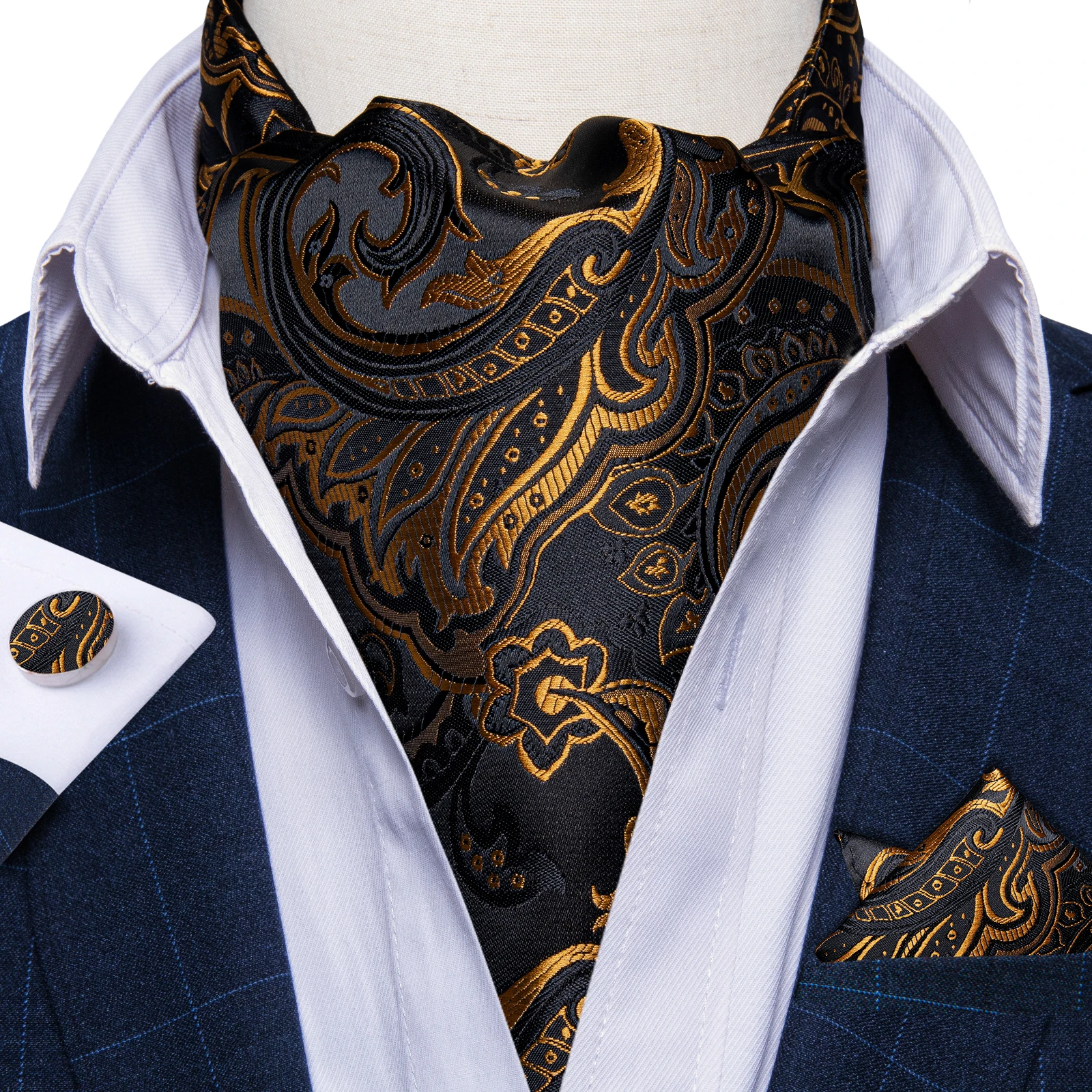 Luxury Black Gold Silk Ascot Jacquard Hadkerchief Cufflinks for Man Wedding Fashion Classic Gentleman Formal Cravat Party Tuxedo