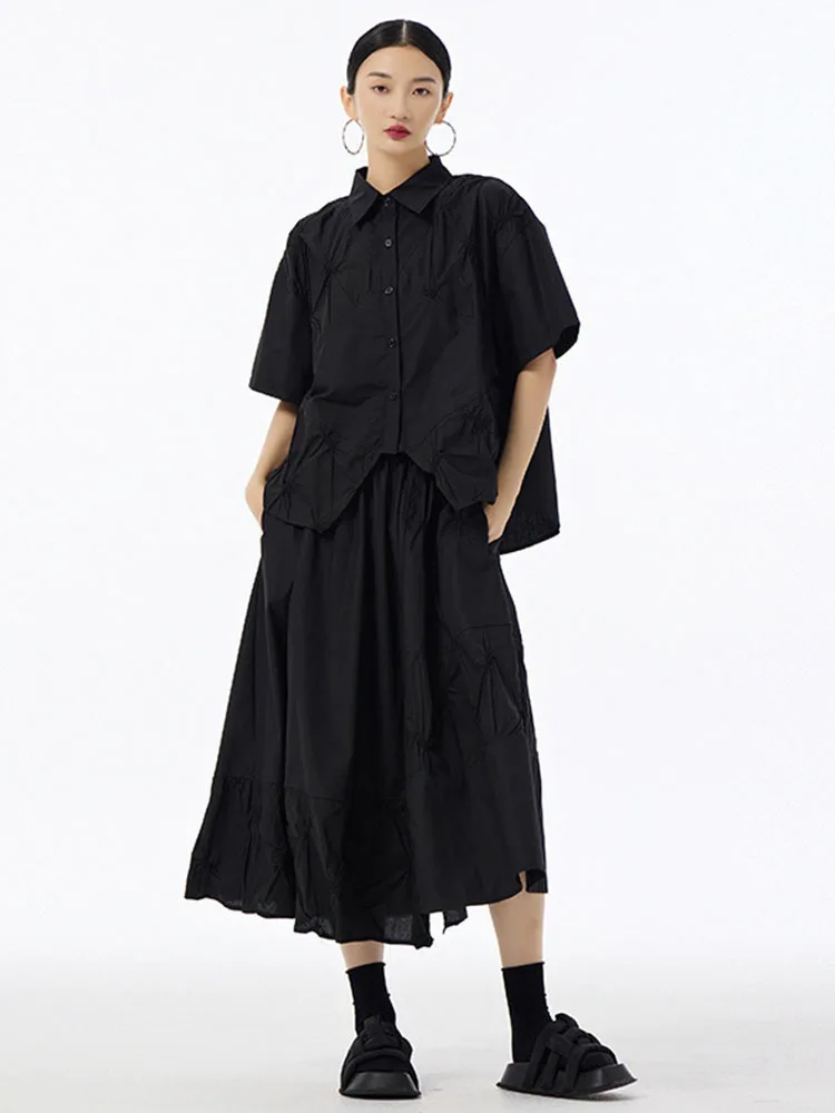 [EAM] Big Size Pleated Shirt Half-body Skirt Two Pieces Suit New Lapel Short Sleeve Women Fashion Spring Summer 2024 1DH6616